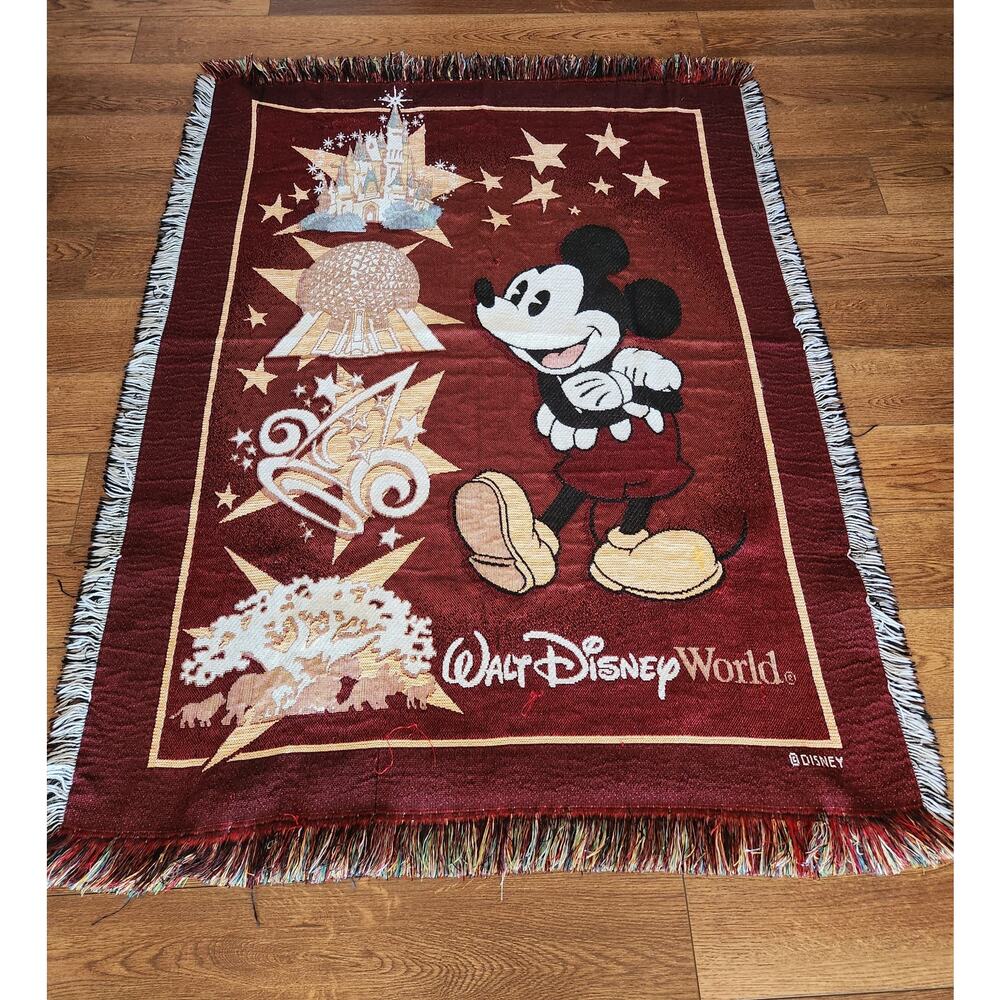 Walt Disney World Mickey Mouse Tapestry Fringe Woven Throw Blanket Epcot 54x46